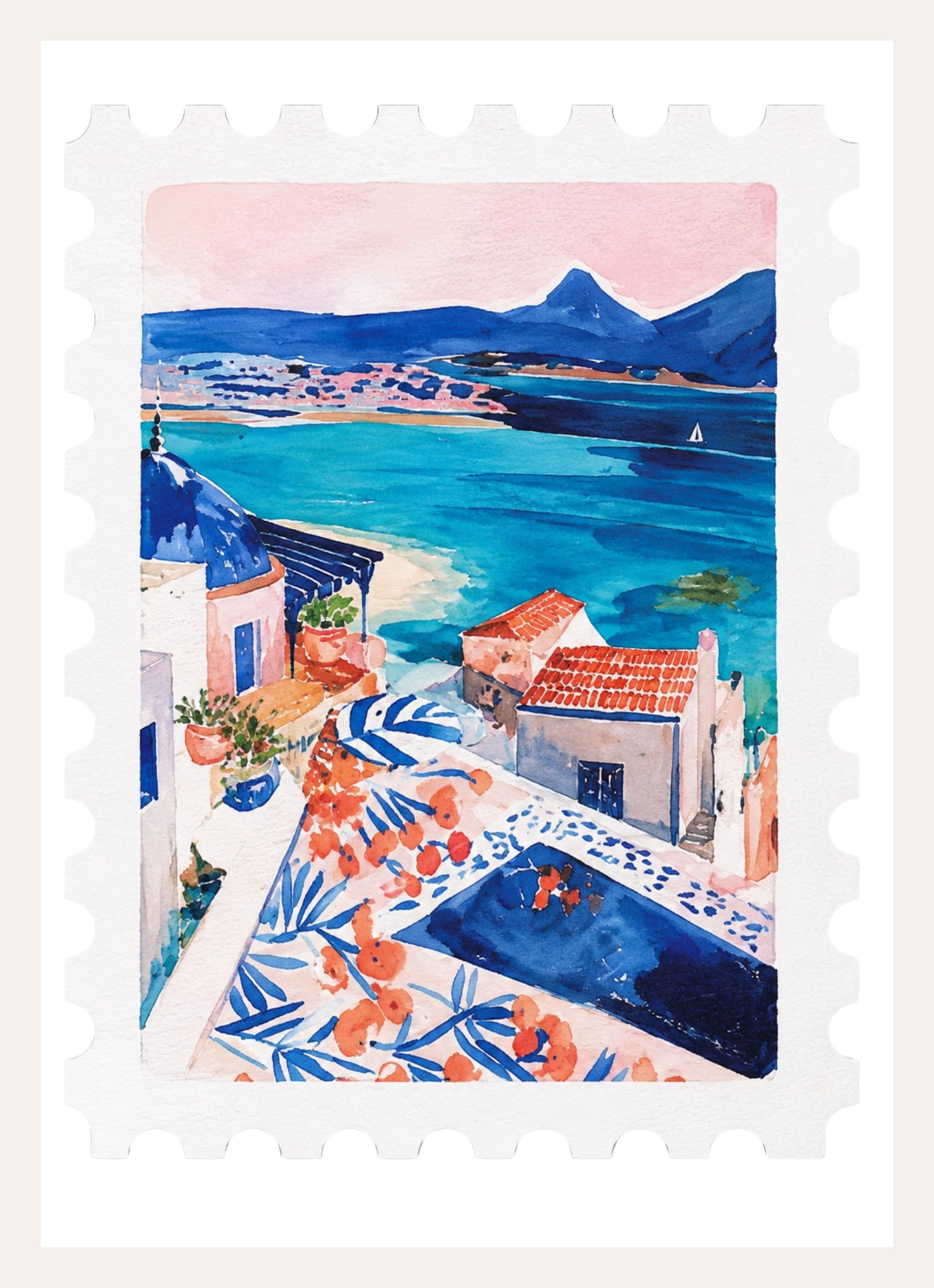 Kunstdruck im Briefmarkenformat: Aquarell einer Mittelmeerbucht mit Pool und weißen Häusern