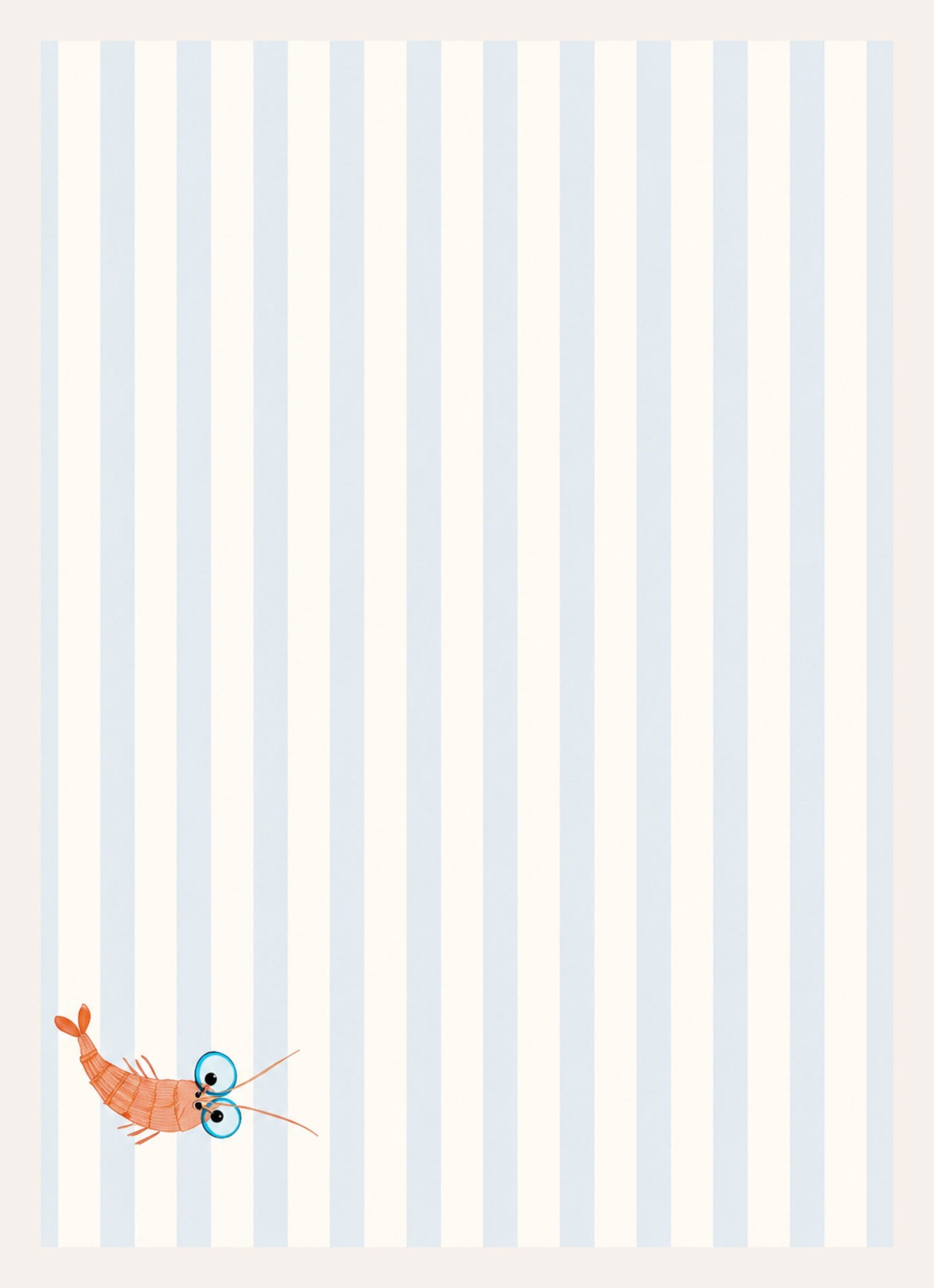 Illustration einer Garnele mit großen Kulleraugen auf blau-weiß gestreiftem Hintergrund
