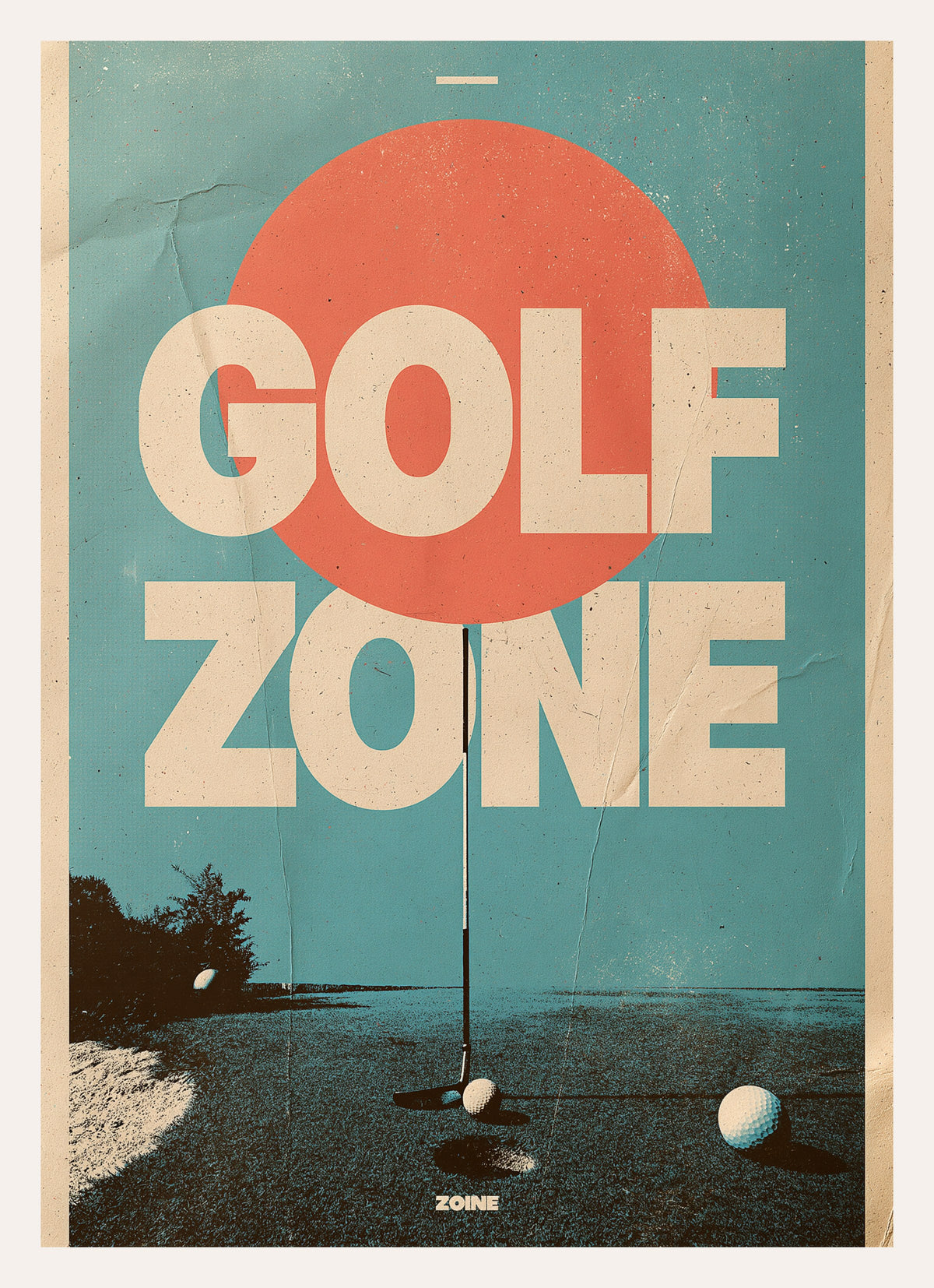 Retro Golf Poster mit roter Sonne, Schriftzug Golf Zone und Fahne im Gegenlicht