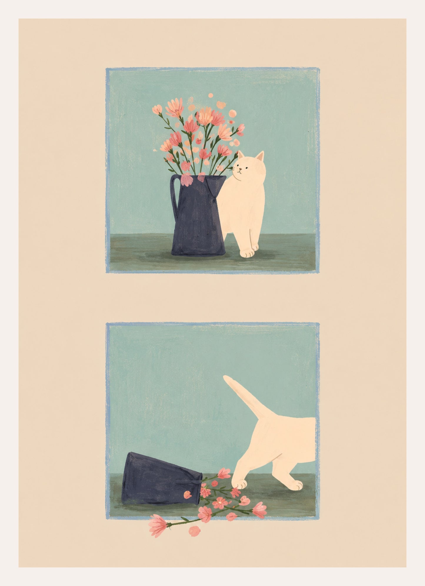 Illustration in zwei Szenen: Katze neben Blumenkrug und danach der umgeworfene Krug