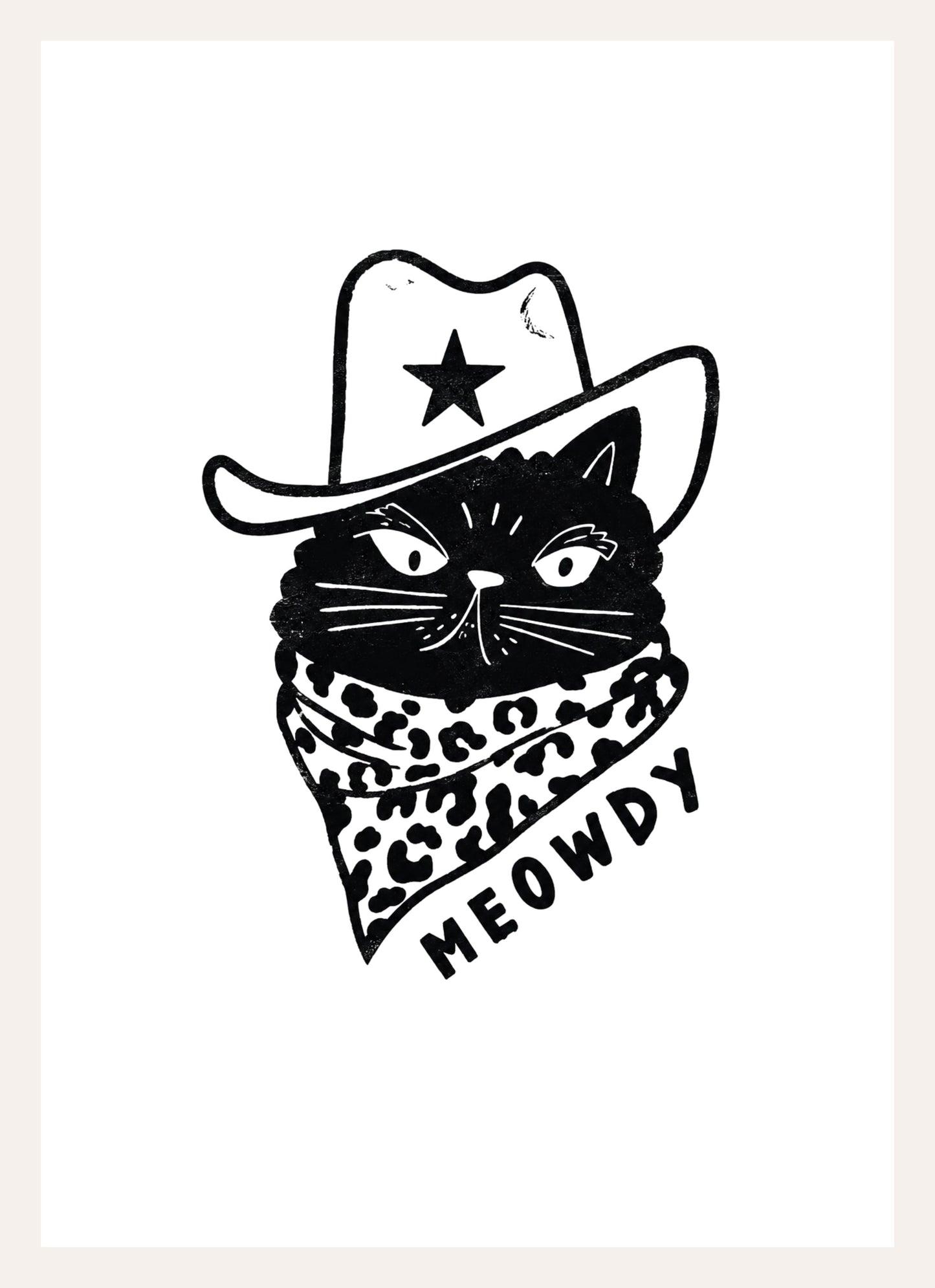 Schwarz-weiße Tuschezeichnung einer Katze mit Cowboyhut und Halstuch, Schriftzug Meowdy