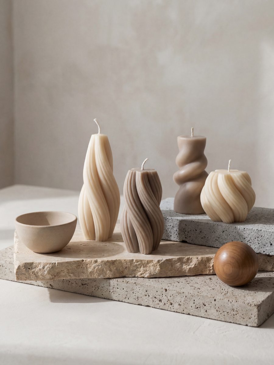 Handgefertigte Designkerzen in organischen Formen auf Steinpodesten – ruhige, natürliche Farbpalette