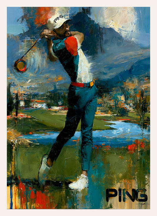 Gemalter Kunstdruck eines Golfers im Abschwung vor einem See mit Bergen