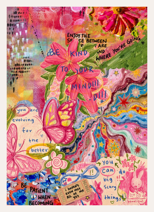 Bunte Mixed-Media-Collage mit Blumen, Schmetterlingen und handgeschriebenen Mutmach-Sätzen