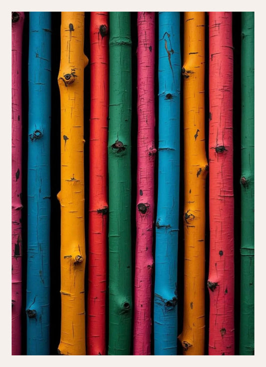 Kunstdruck mit dicht nebeneinander stehenden, bunt bemalten Baumstämmen