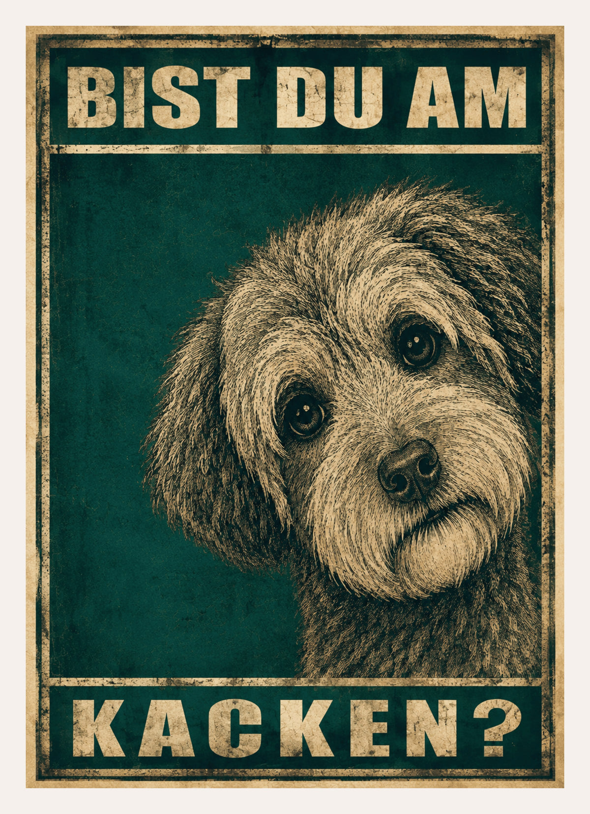 Vintage Poster in Dunkelgrün mit zotteligem Hund und der Frage Bist du am Kacken