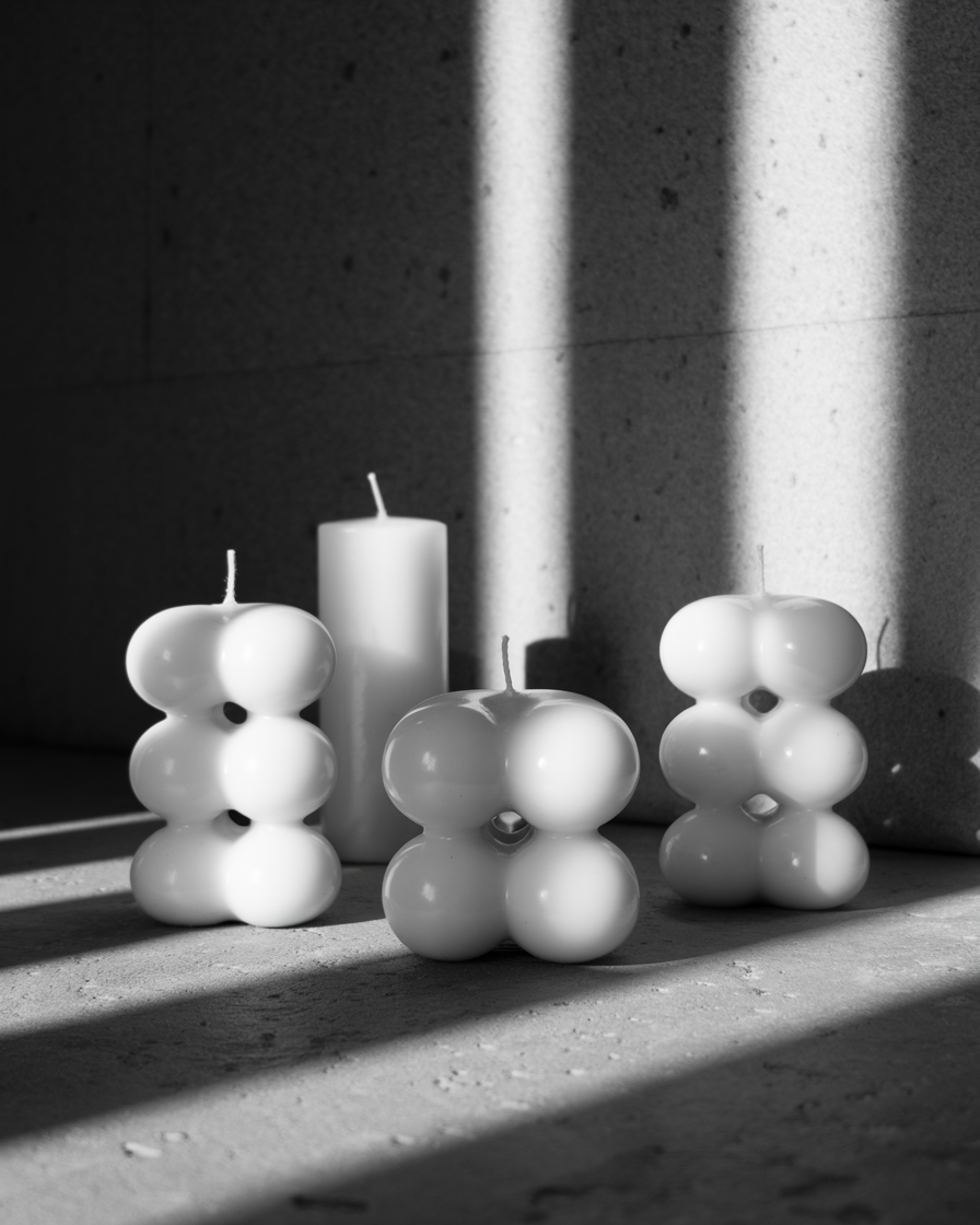 Skulpturale Kerzen in Schwarzweiß mit weichem Licht und Schatten – modernes minimalistisches Design Stillleben