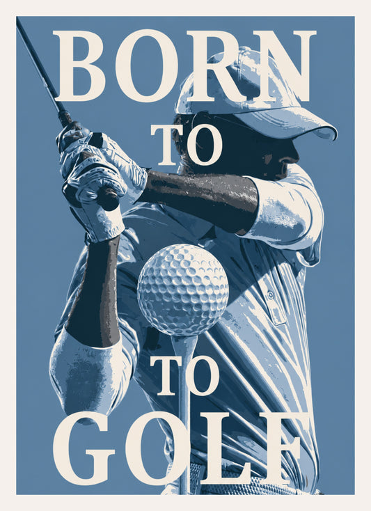 Vintage Golf Poster in Blau mit Schriftzug Born to Golf und Golfer im Abschwung
