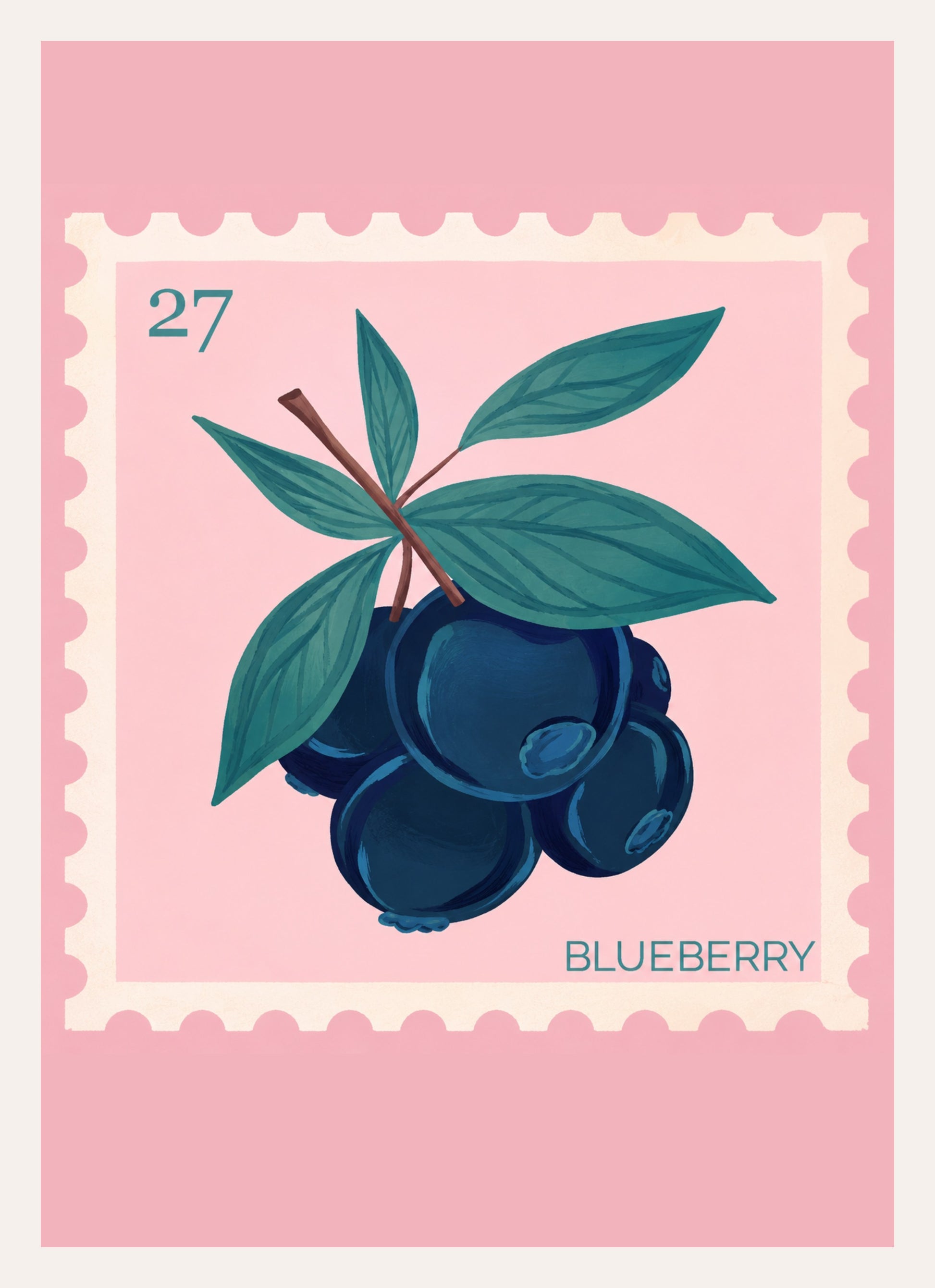 Kunstdruck im Briefmarkenformat mit Blaubeeren und Blättern auf rosa Hintergrund