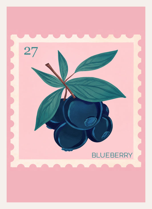 Kunstdruck im Briefmarkenformat mit Blaubeeren und Blättern auf rosa Hintergrund