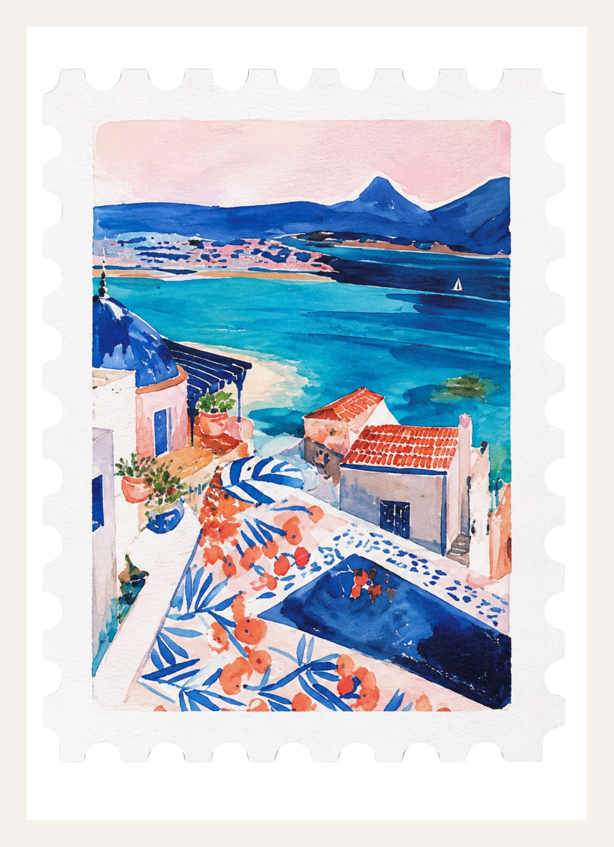 Kunstdruck im Briefmarkenformat: Aquarell einer Mittelmeerbucht mit Pool und weißen Häusern