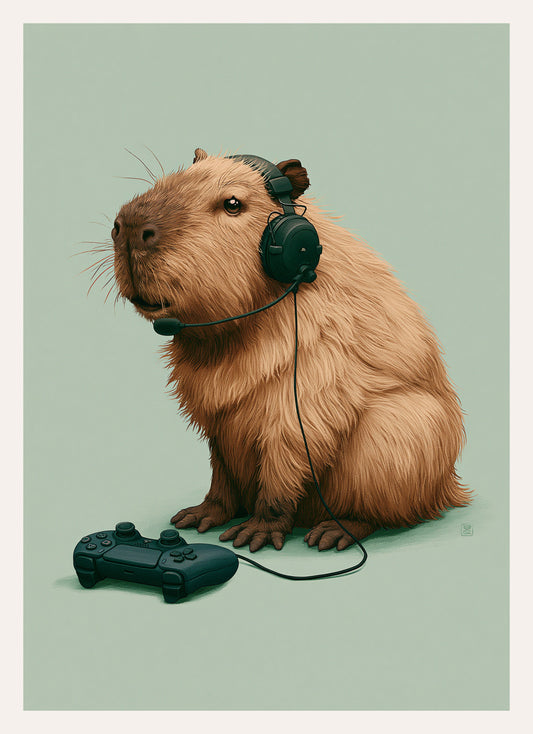 Illustration eines Capybaras mit Gaming-Headset und Controller vor grünem Hintergrund