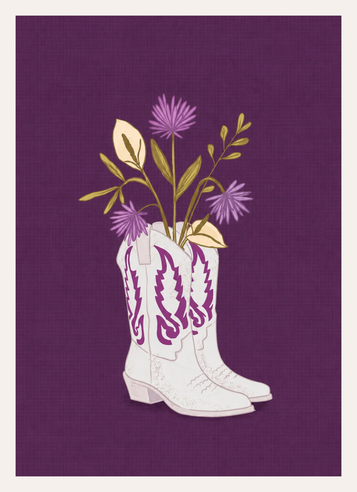 Illustration von lila Blumen in weißen Cowboystiefeln vor auberginefarbenem Hintergrund