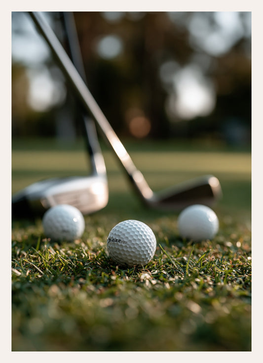 Nahaufnahme von drei Golfbällen im Gras mit unscharfem Hintergrund