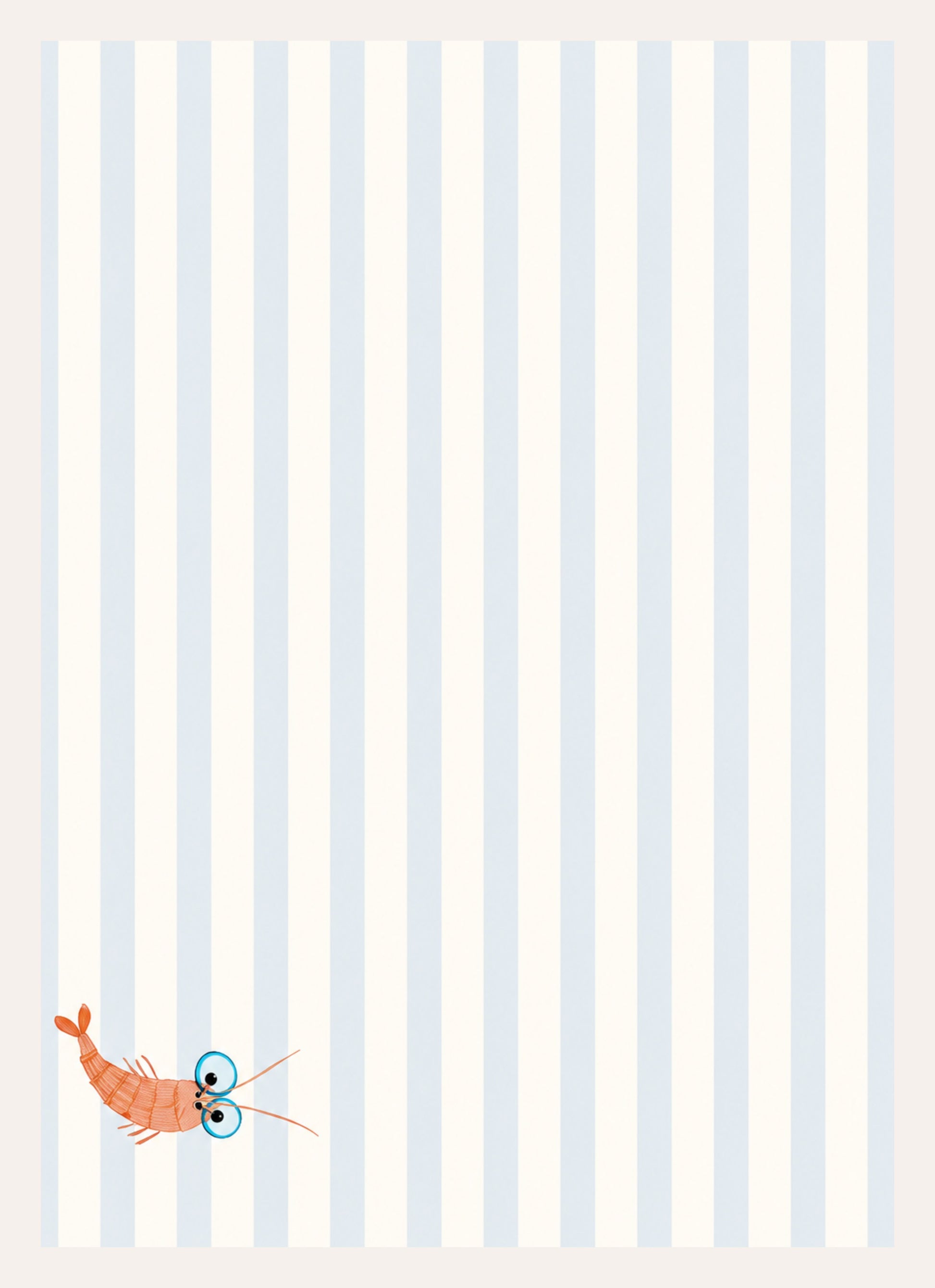 Illustration einer Garnele mit großen Kulleraugen auf blau-weiß gestreiftem Hintergrund