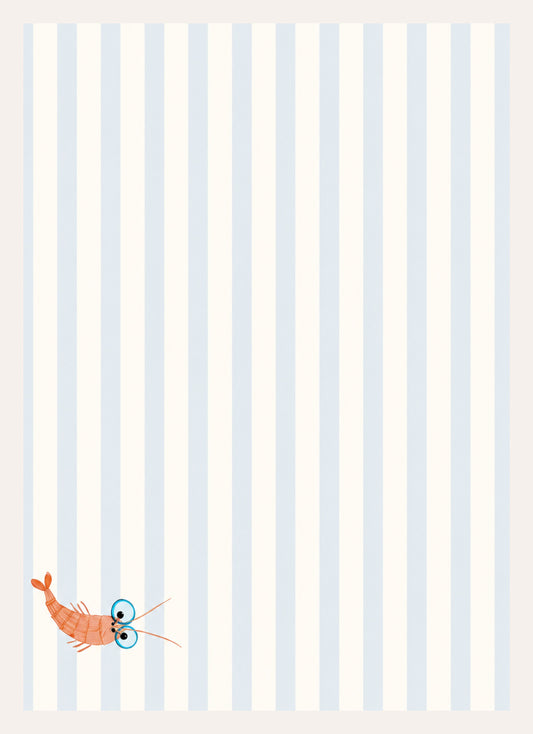 Illustration einer Garnele mit großen Kulleraugen auf blau-weiß gestreiftem Hintergrund