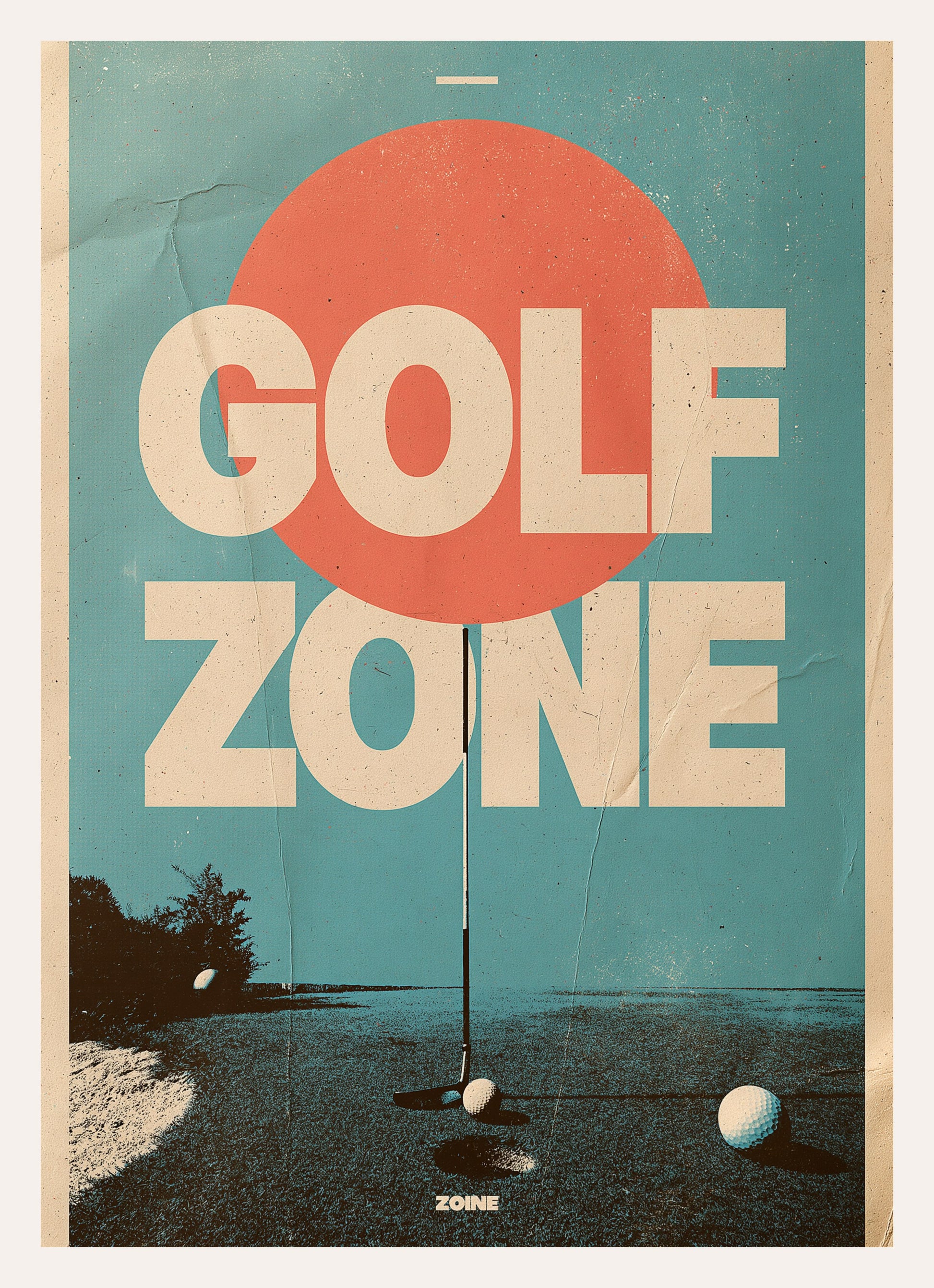 Retro Golf Poster mit roter Sonne, Schriftzug Golf Zone und Fahne im Gegenlicht