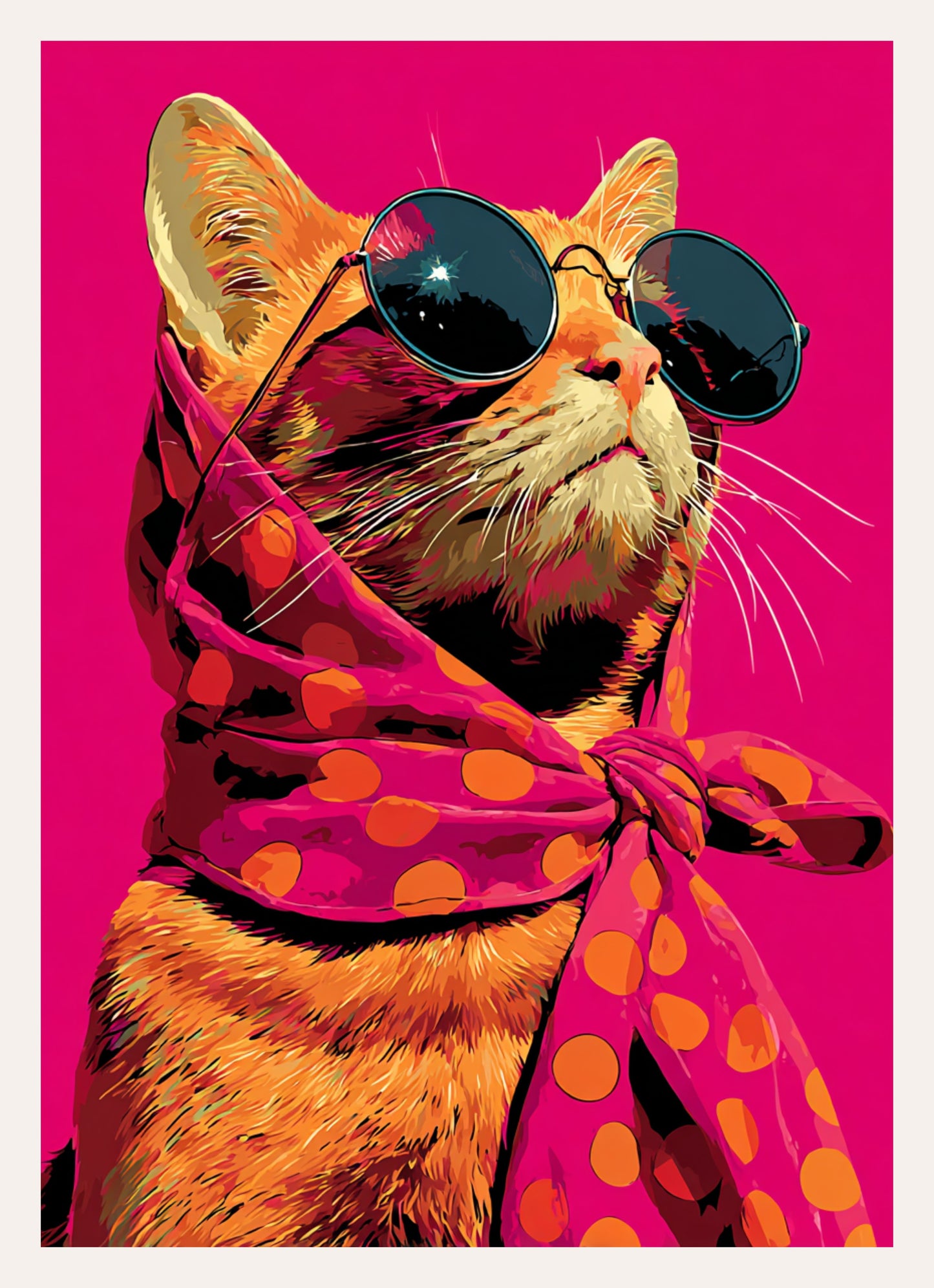 Kunstdruck: Katze mit runder Sonnenbrille und gepunktetem Tuch vor pinkem Hintergrund