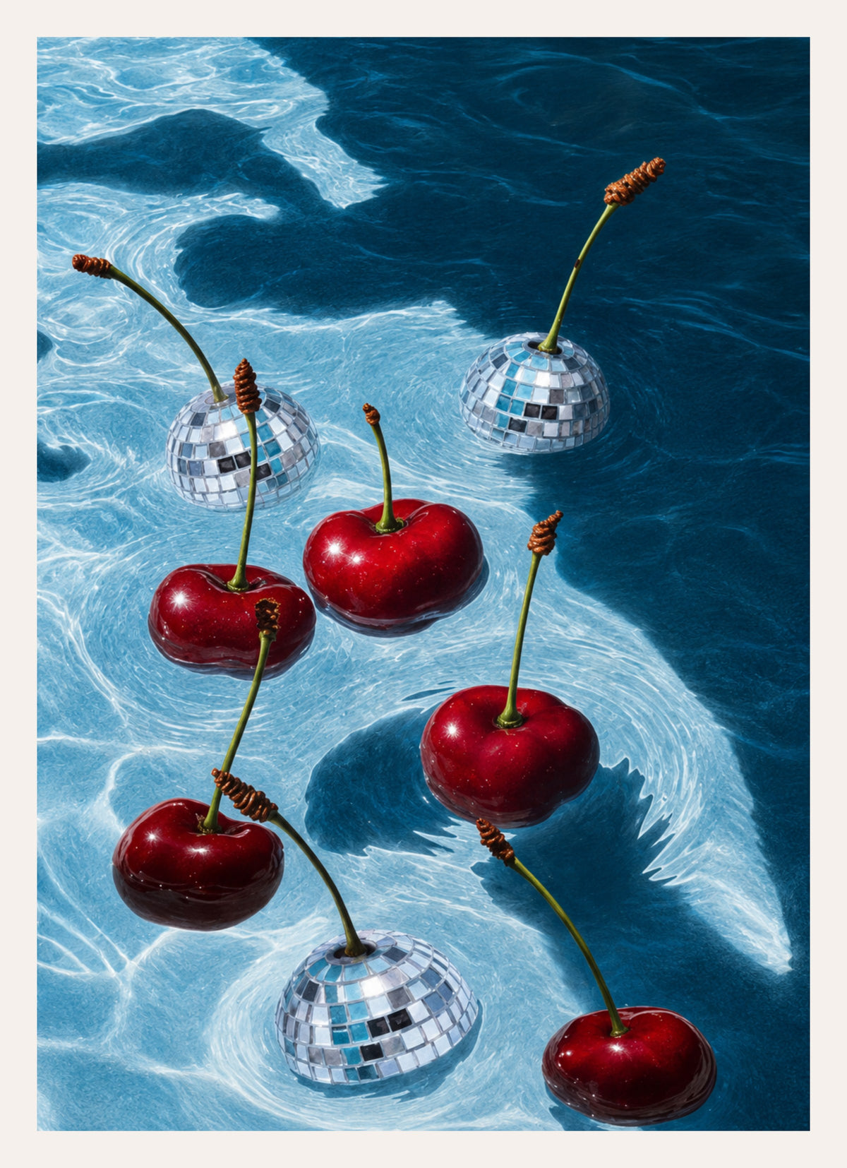 Kunstdruck mit Kirschen und Discokugeln im blauen Poolwasser