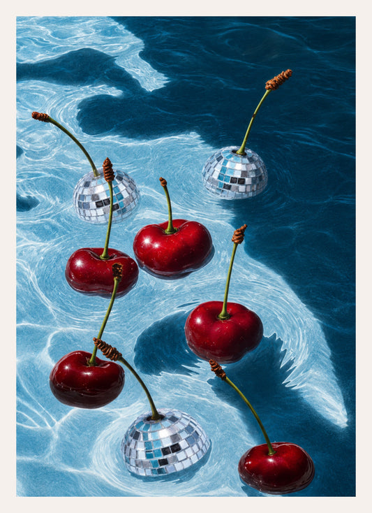 Kunstdruck mit Kirschen und Discokugeln im blauen Poolwasser