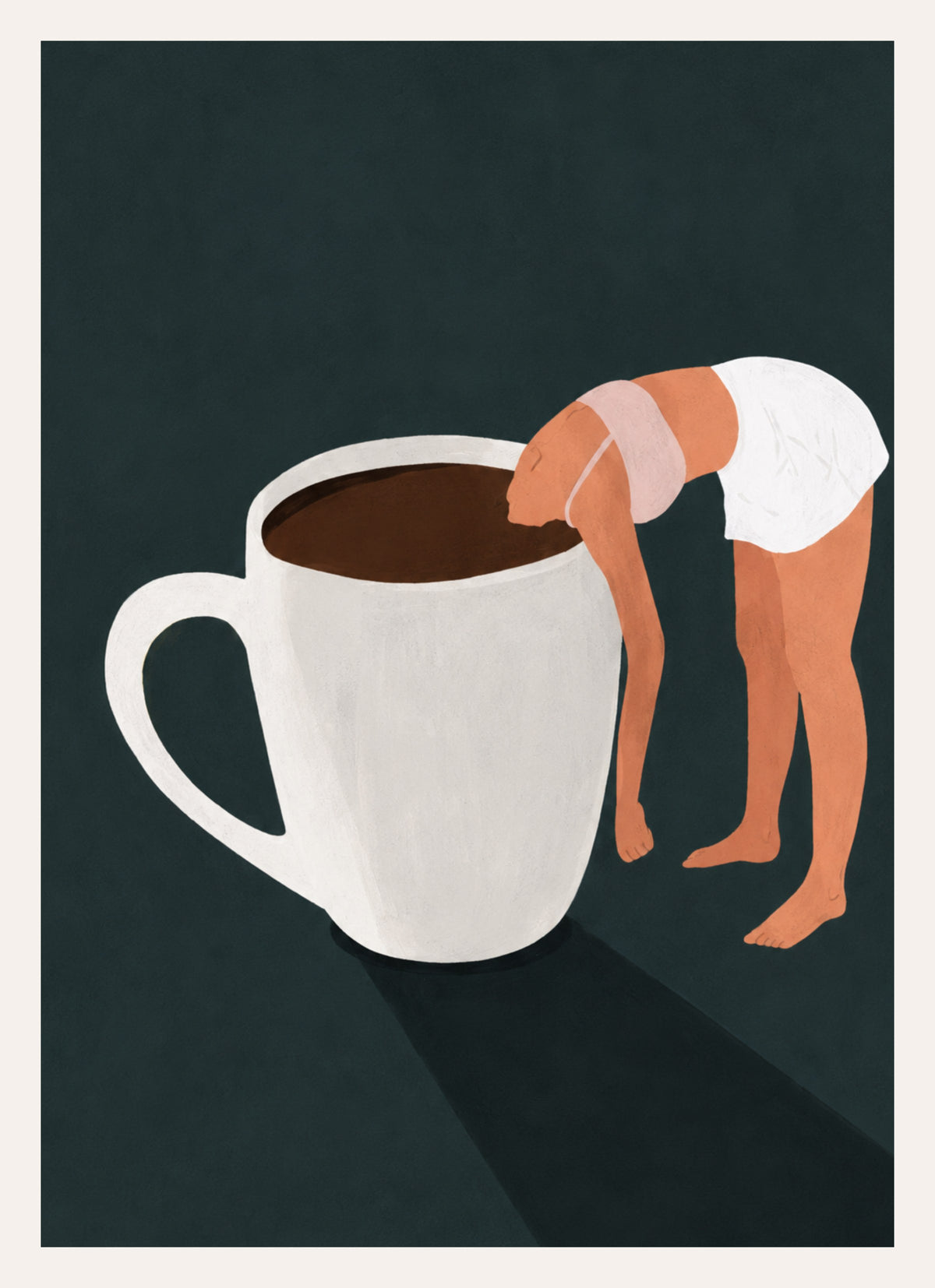 Illustration einer Person, die kopfüber in einer großen Kaffeetasse steckt