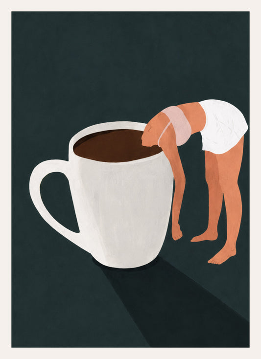 Illustration einer Person, die kopfüber in einer großen Kaffeetasse steckt