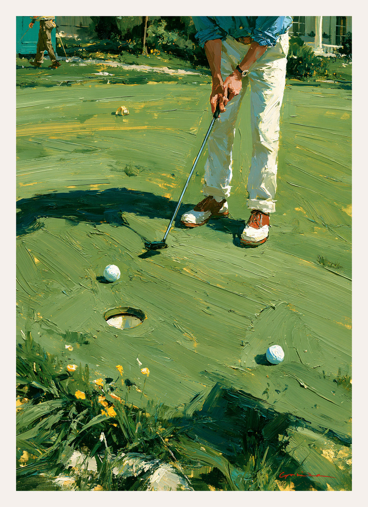 Gemalter Kunstdruck: Golfer beim kurzen Putt auf dem Grün, Ball vor dem Loch
