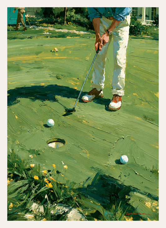 Gemalter Kunstdruck: Golfer beim kurzen Putt auf dem Grün, Ball vor dem Loch