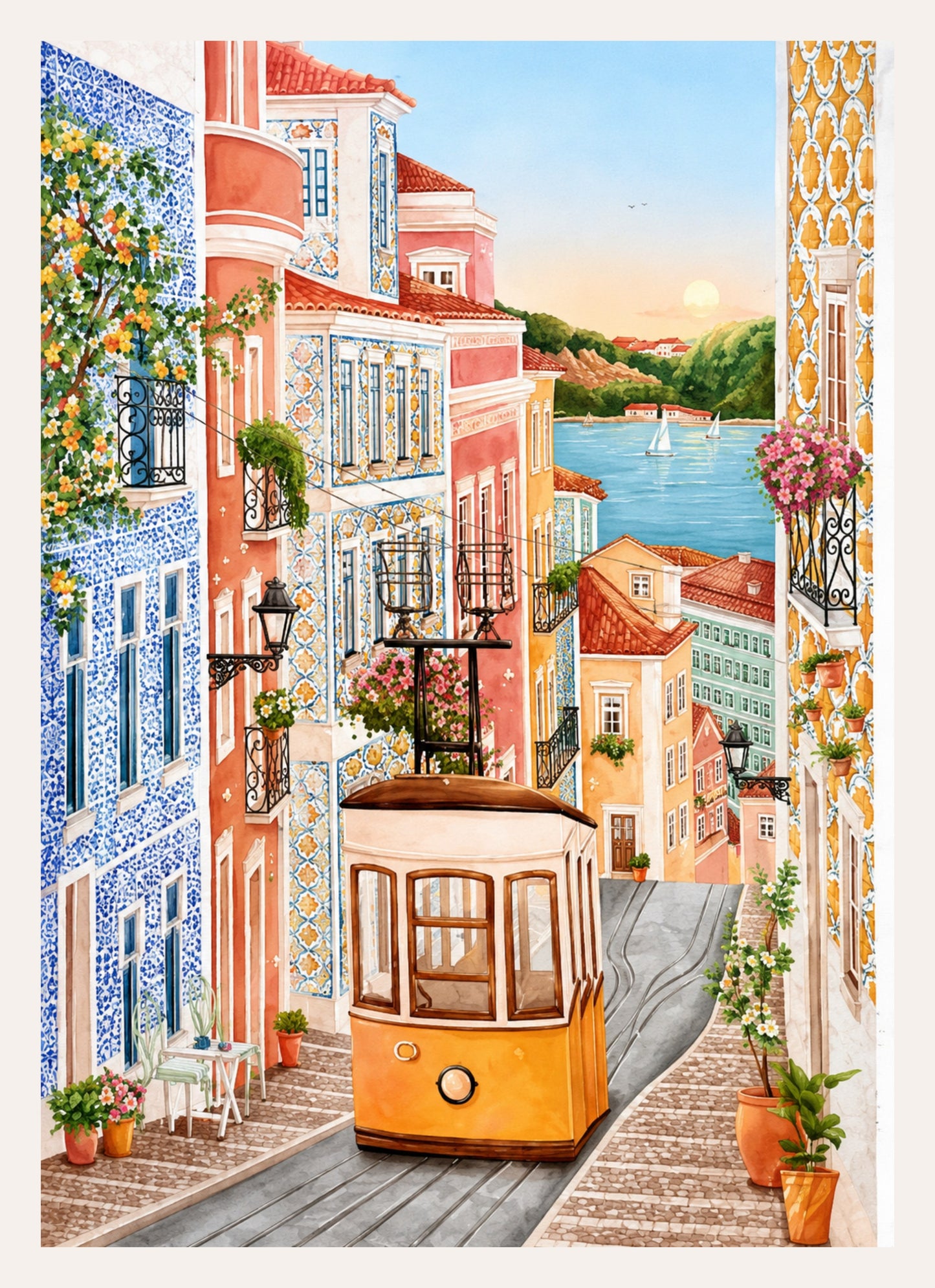 Illustration einer Gasse in Lissabon mit gelber Straßenbahn, Azulejos und Blick aufs Wasser