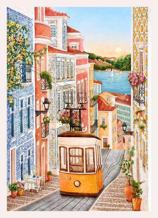 Illustration einer Gasse in Lissabon mit gelber Straßenbahn, Azulejos und Blick aufs Wasser