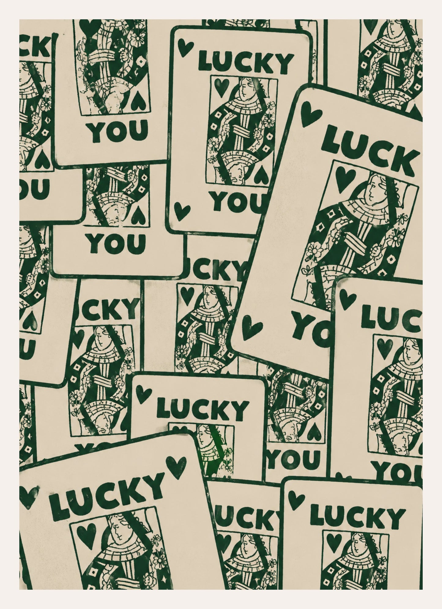 Kunstdruck mit gestapelten Spielkarten und dem Schriftzug Lucky You in Dunkelgrün