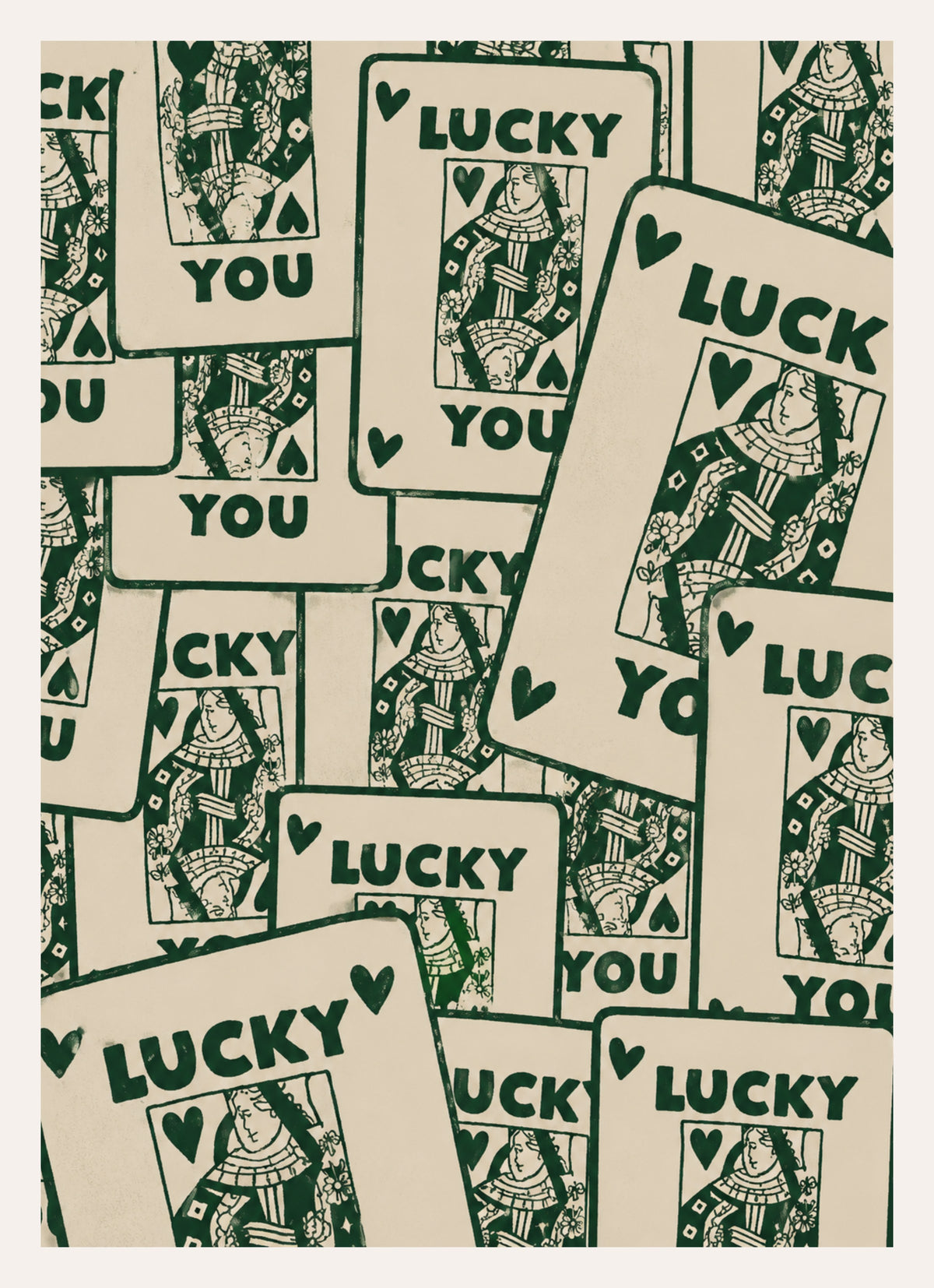 Kunstdruck mit gestapelten Spielkarten und dem Schriftzug Lucky You in Dunkelgrün