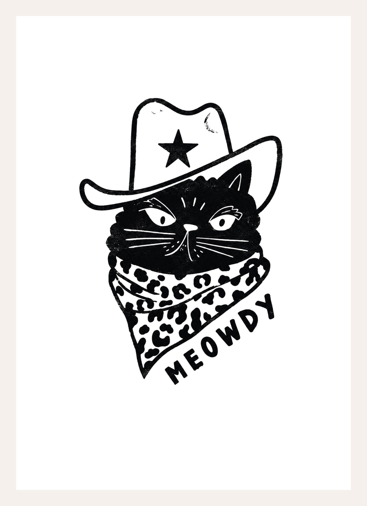 Schwarz-weiße Tuschezeichnung einer Katze mit Cowboyhut und Halstuch, Schriftzug Meowdy