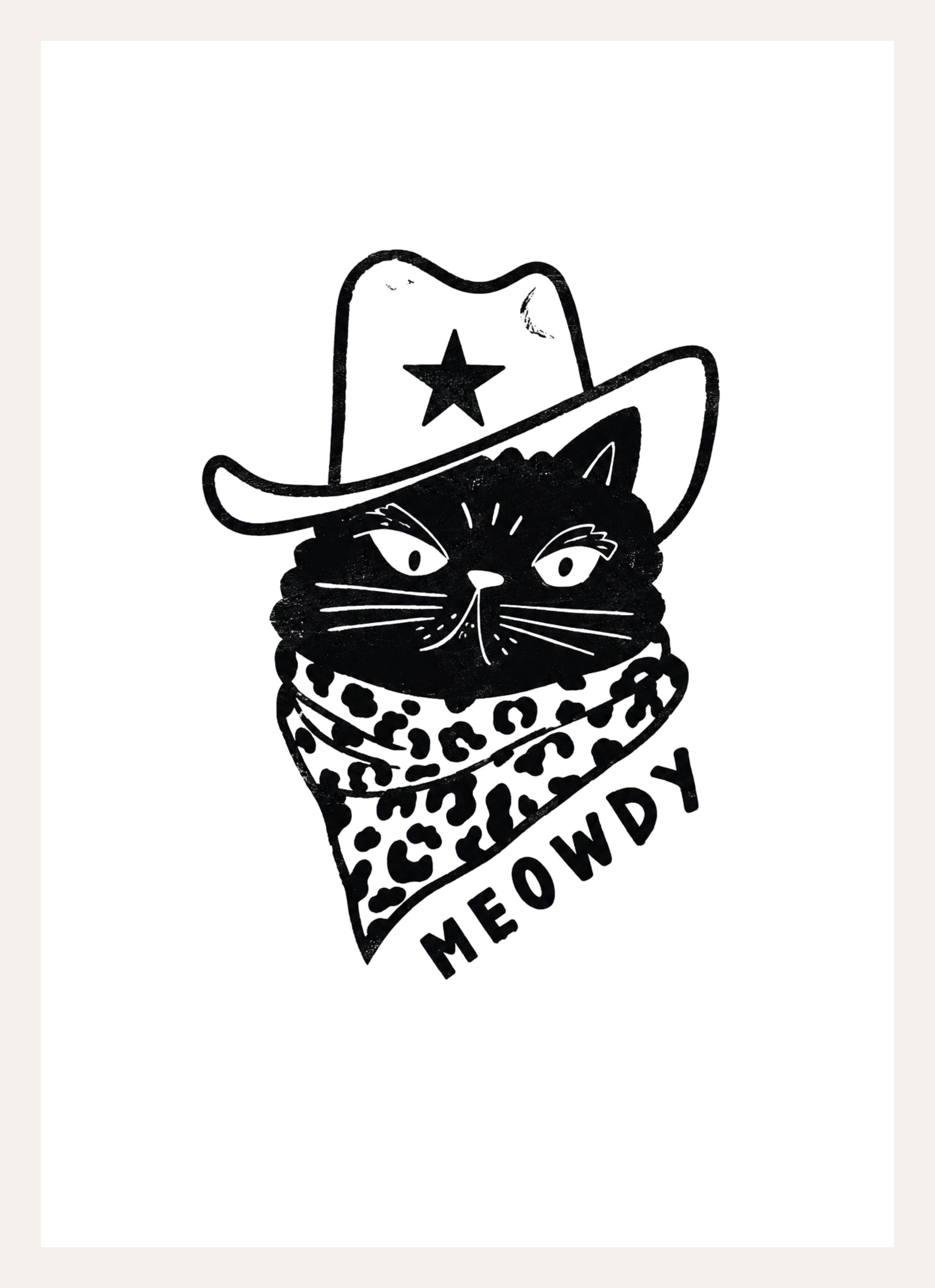 Schwarz-weiße Tuschezeichnung einer Katze mit Cowboyhut und Halstuch, Schriftzug Meowdy