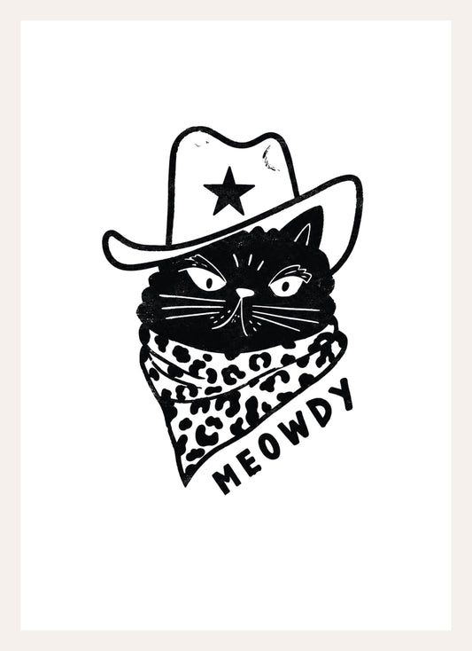 Schwarz-weiße Tuschezeichnung einer Katze mit Cowboyhut und Halstuch, Schriftzug Meowdy