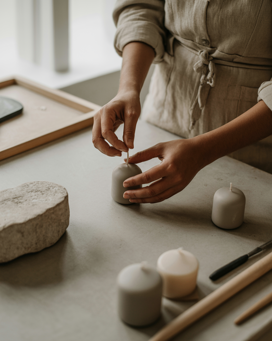 Handgefertigte Kerze im Atelier – minimalistisches Design in ruhiger Arbeitsatmosphäre