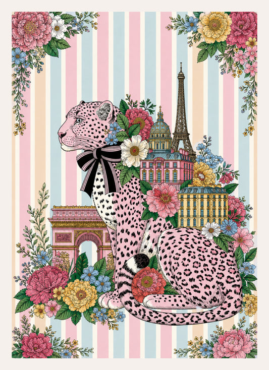 Illustration eines rosa Leoparden mit Schleife vor Pariser Wahrzeichen und Blumen