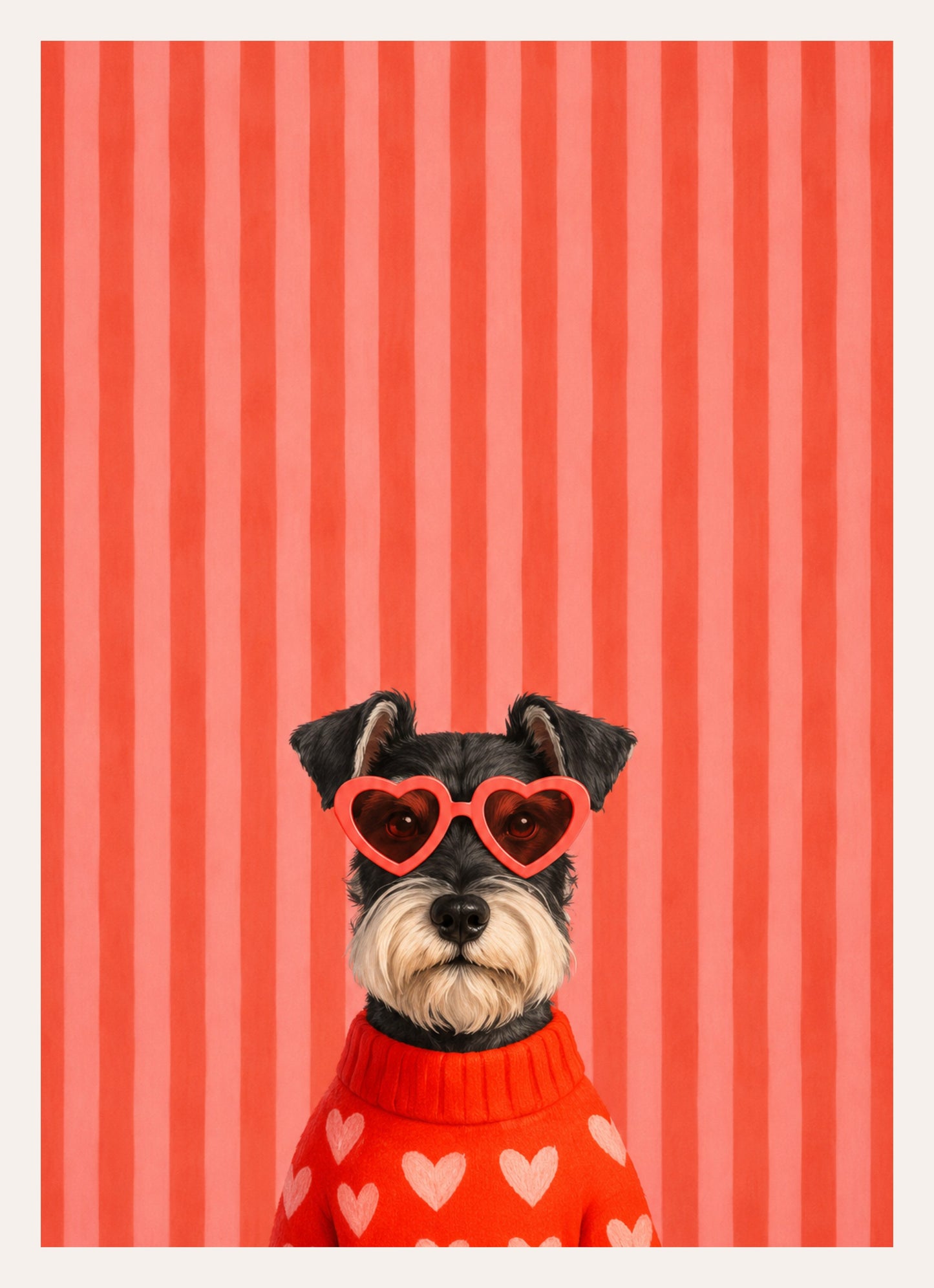 Kunstdruck eines Schnauzers mit herzförmiger Sonnenbrille und rotem Pullover mit Herzen