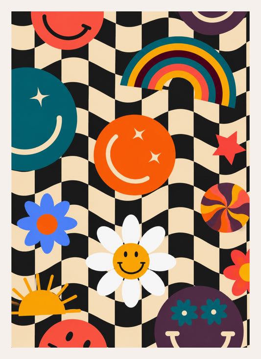 Retro Poster mit Smileys, Regenbogen und Blumen auf welligem Schachbrettmuster