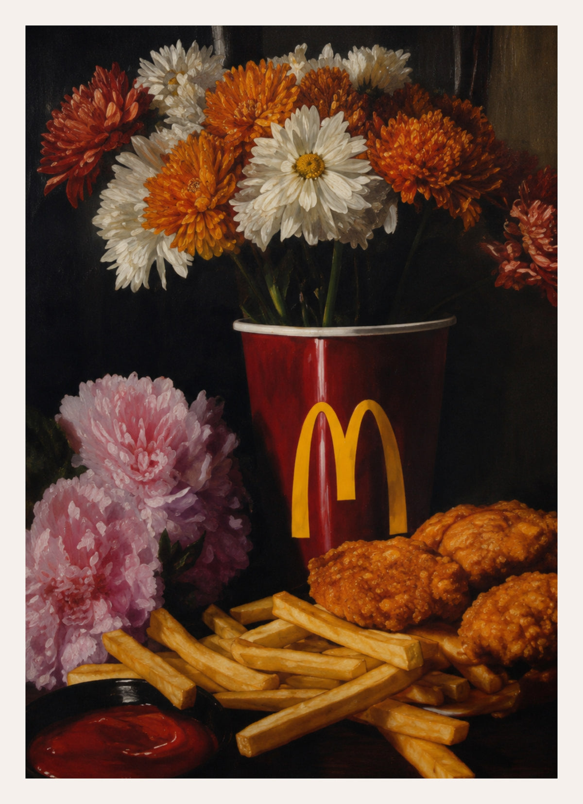 Kunstdruck: Blumenstillleben mit Pommes, frittiertem Hühnchen und Ketchup