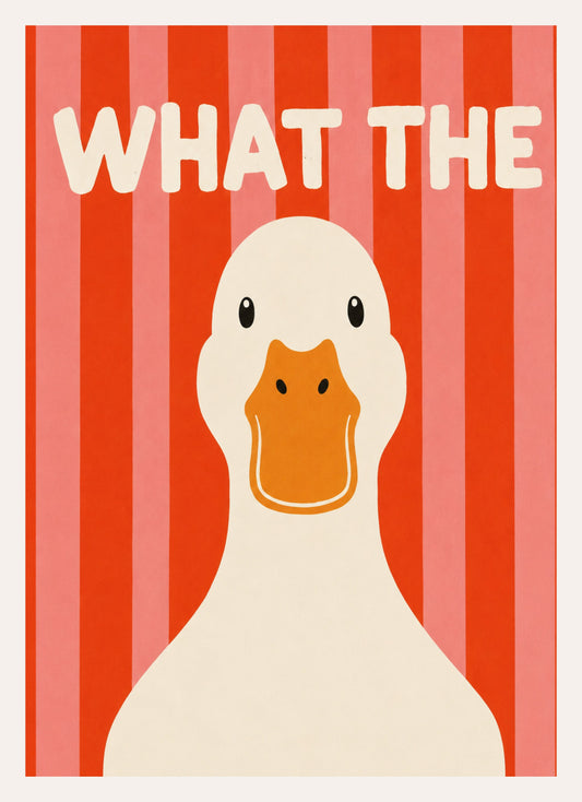 Grafischer Kunstdruck einer Ente vor roten Streifen mit dem Schriftzug What The